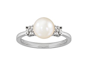 7-7.5mm Round White Freshwater Pearl with Diamond Accents Sterling Silver Ring