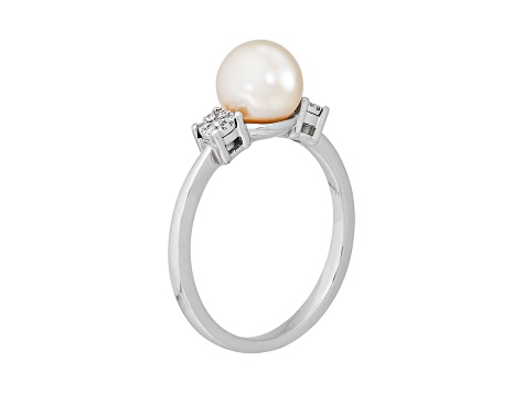 7-7.5mm Round White Freshwater Pearl with Diamond Accents Sterling Silver Ring