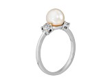 7-7.5mm Round White Freshwater Pearl with Diamond Accents Sterling Silver Ring