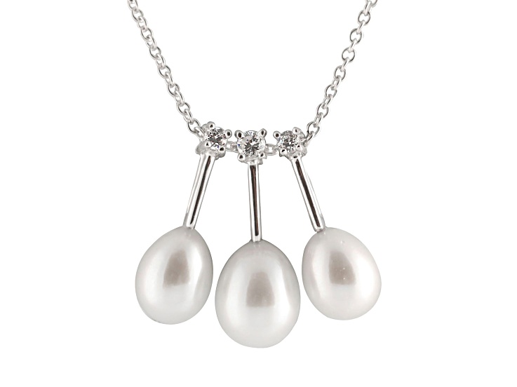 6-8mm Drop White Cultured Freshwater Pearl and CZ Rhodium Over Sterling Silver Pendant