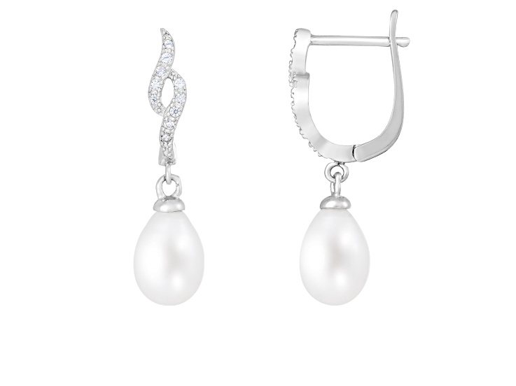 7-8mm White Cultured Freshwater Pearl and Cubic Zirconia Rhodium Over Sterling Silver Earrings