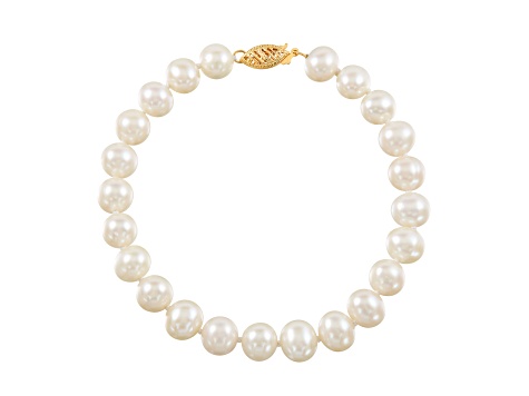 8-8.5mm Round White Freshwater Pearl Tennis Bracelet with 10K Yellow Gold Bead Clasp