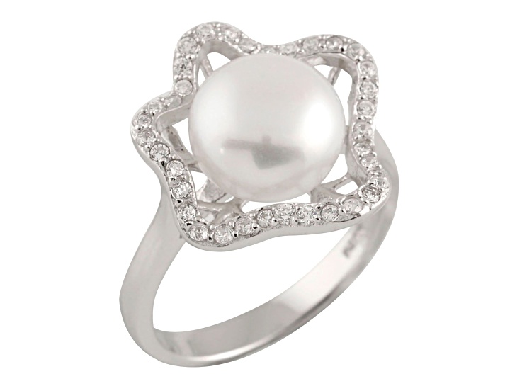 9-10mm White Button Cultured Freshwater Pearl and Cubic Zirconia Rhodium Over Silver Ring