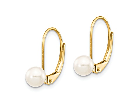 14K Yellow Gold 5-6mm White Round Freshwater Cultured Pearl Leverback Earrings
