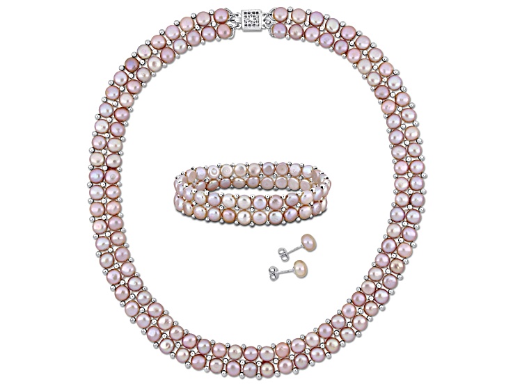6-8mm Pink Freshwater Cultured Pearl Stud Earrings, Strand Bracelet & Necklace Set