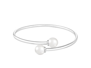 Sterling silver rhodium plated bangle with 8-9mm round shaped white Japanese Akoya Pearls