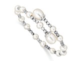 Rhodium Over Sterling Silver 5-6mm and 8mm White Freshwater Cultured Pearl Coil Bangle