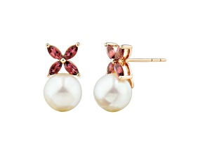 8-8.5mm Round White Freshwater Pearl and Pink Tourmaline 14K Rose Gold Drop Floral Earrings