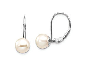 Rhodium Over 14K White Gold 7-8mm Round Freshwater Cultured Pearl Leverback Earrings