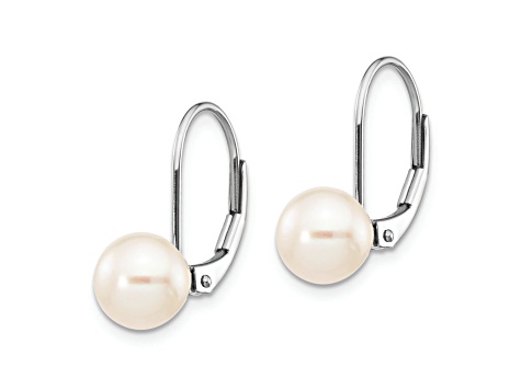 Rhodium Over 14K White Gold 7-8mm Round Freshwater Cultured Pearl Leverback Earrings