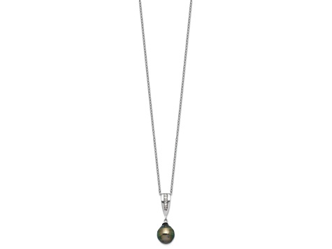 Rhodium Over Sterling Silver 9-10mm Tahitian Pearl/Cubic Zirconia Necklace and Earring Set