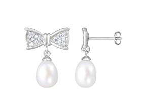 7-7.5mm White Cultured Freshwater Pearl and Cubic Zirconia Rhodium Over Sterling Silver Earrings