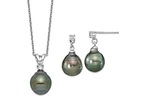 Rhodium Over Sterling Silver Polished Necklace and Earring Set with Tahitian Pearls and CZ.