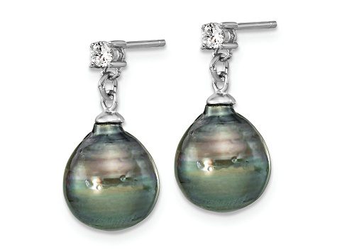 Rhodium Over Sterling Silver Polished Necklace and Earring Set with Tahitian Pearls and CZ.