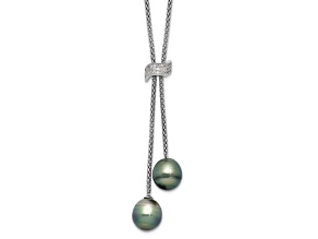 Rhodium Over Sterling Silver Tahitian Pearl/Cubic Zirconia Dangle with 2-inch Extension Necklace