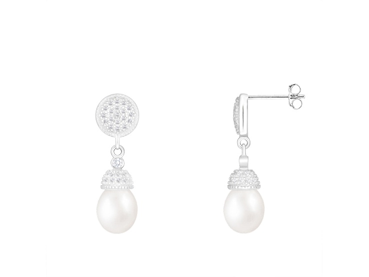 7-8mm White Cultured Freshwater Pearl and Cubic Zirconia Rhodium Over Sterling Silver Earrings