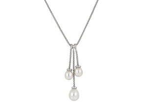 6.5-8.5mm Drop White Cultured Freshwater Pearl Rhodium Over Sterling Silver Strand Necklace