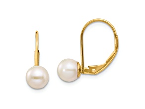 14K Yellow Gold 6-7mm White Round Freshwater Cultured Pearl Leverback Earrings