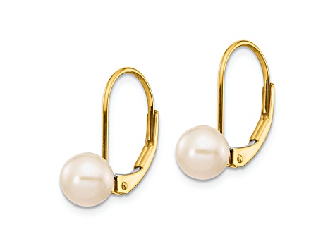 14K Yellow Gold 6-7mm White Round Freshwater Cultured Pearl Leverback Earrings