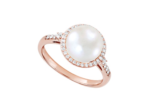 9-9.5mm Round White Freshwater Pearl with 0.21ctw Diamond 10K Rose Gold Ring