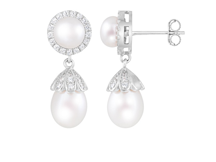 6-8.5mm White Cultured Freshwater Pearl and Cubic Zirconia Rhodium Over Sterling Silver Earrings