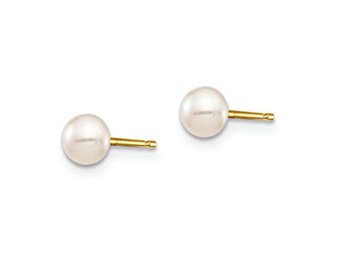 14K Yellow Gold 4-5mm White Button Freshwater Cultured Pearl Stud Post Earrings