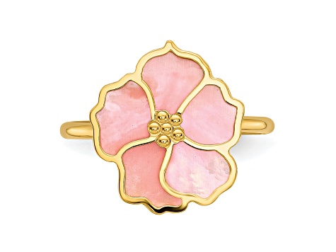 14K Yellow Gold Pink and White Mother of Pearl Flower Ring