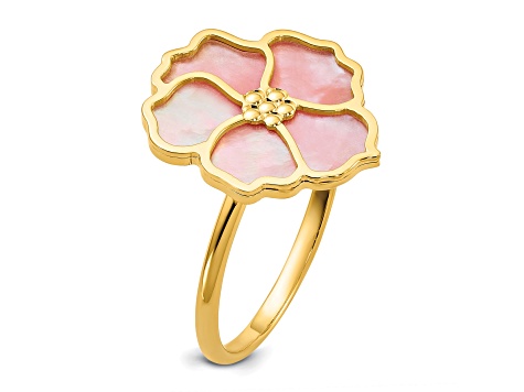 14K Yellow Gold Pink and White Mother of Pearl Flower Ring