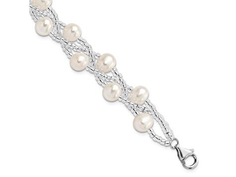 Rhodium Over Sterling Silver 7-9mm Freshwater Cultured Pearl And Glass  Beaded Multi-strand Bracelet