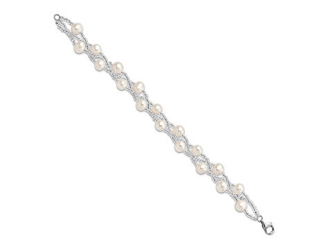 Rhodium Over Sterling Silver 7-9mm Freshwater Cultured Pearl And Glass Beaded Multi-strand Bracelet