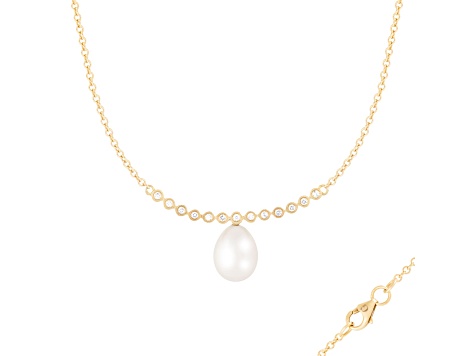 14k Yellow Gold 8mm Cultured Freshwater Pearl Pendant with Diamond Accents, 18" Chain Built in