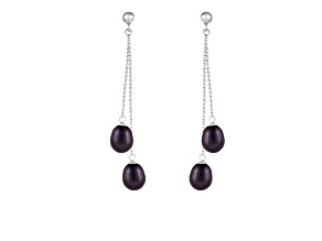 7-7.5mm Black Cultured Freshwater Pearl Rhodium Over Sterling Silver Earrings