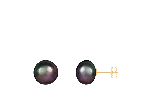 14k Yellow Gold 10-11mm Black Freshwater Pearl Stud Earrings