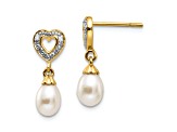 14K Yellow Gold 7x5mm Teardrop Freshwater Cultured Pearl 0.01ct Heart Diamond Dangle Earrings