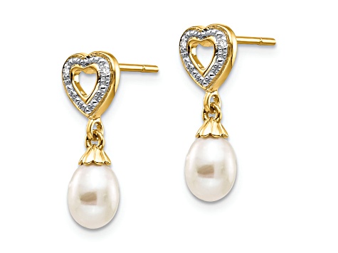 14K Yellow Gold 7x5mm Teardrop Freshwater Cultured Pearl 0.01ct Heart Diamond Dangle Earrings