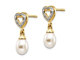 14K Yellow Gold 7x5mm Teardrop Freshwater Cultured Pearl 0.01ct Heart Diamond Dangle Earrings