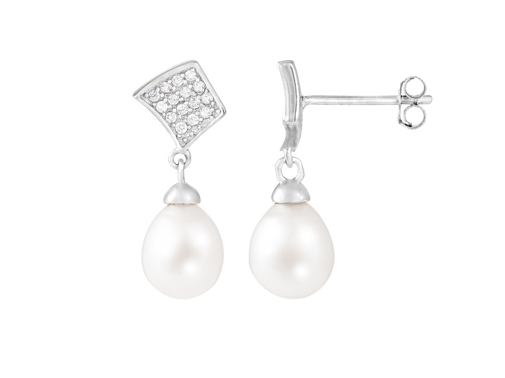 7½-8mm White Cultured Freshwater Pearl and Cubic Zirconia Rhodium Over Sterling Silver Earrings