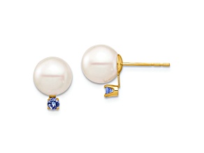 14K Yellow Gold 8-8.5mm White Round Freshwater Cultured Pearl Tanzanite Post Earrings