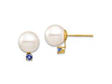 14K Yellow Gold 8-8.5mm White Round Freshwater Cultured Pearl Tanzanite Post Earrings