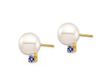 14K Yellow Gold 8-8.5mm White Round Freshwater Cultured Pearl Tanzanite Post Earrings