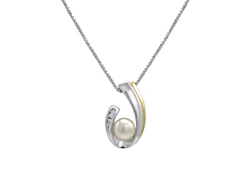 Picture of 6mm Button White Freshwater Pearl with Diamond Accent Sterling Silver Pendant with Chain