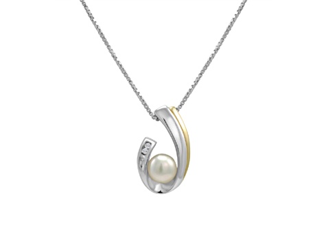 6mm Button White Freshwater Pearl with Diamond Accent Sterling Silver Pendant with Chain
