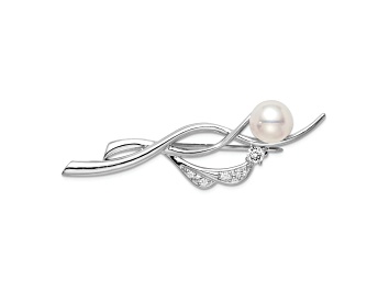 Picture of Rhodium Over Sterling Silver Cubic Zirconia Freshwater Cultured Pearl Pin