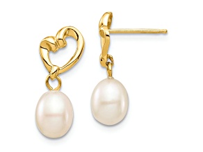 14k Yellow Gold 5-6mm White Rice Freshwater Cultured Pearl Heart Dangle Earrings