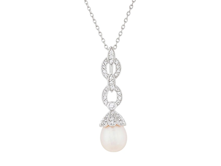 8.5-9mm Drop White Cultured Freshwater Pearl and CZ Rhodium Over Sterling Silver Pendant