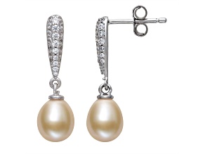 Peach Cultured Freshwater Pearl & Lab Created Sapphire Rhodium Over Sterling Silver Earrings
