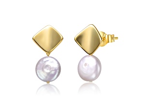 14K Yellow Gold Over Sterling Silver Coin Shape Freshwater Pearl Dangle Square Earrings