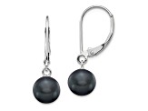 Rhodium Over 14K White Gold 7-8mm Black Round Freshwater Cultured Pearl Leverback Earrings