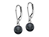 Rhodium Over 14K White Gold 7-8mm Black Round Freshwater Cultured Pearl Leverback Earrings