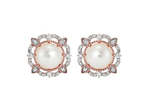 7mm Round White Freshwater Pearl and 0.18ctw Diamond 10K Rose Gold Floral Stud Earrings